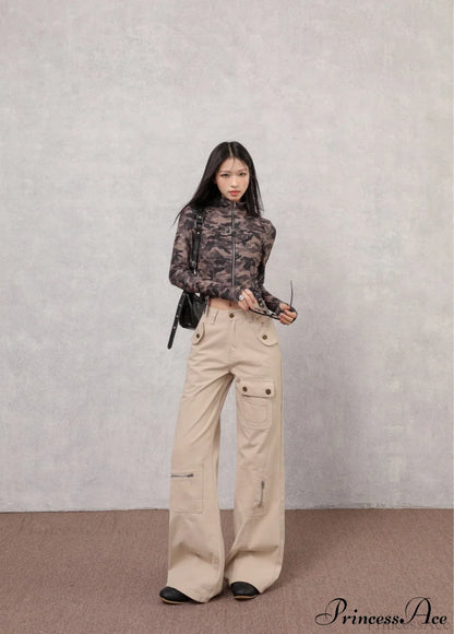 Denim Multi-Pocket High Waist Flared Cargo Pants