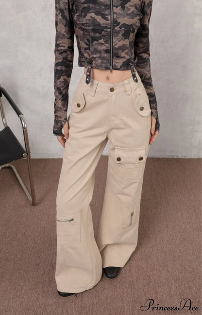 Denim Multi-Pocket High Waist Flared Cargo Pants