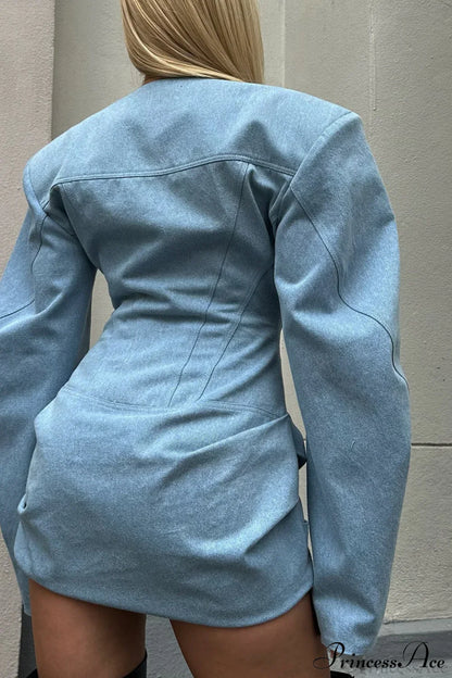 Denim Padded Shoulder Crew Neck Tie Waist Mini Dress