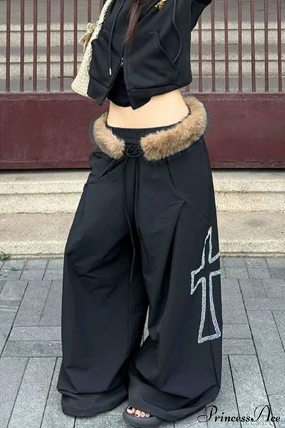 Detachable Fur-Collar Loose Wide-Leg Pants