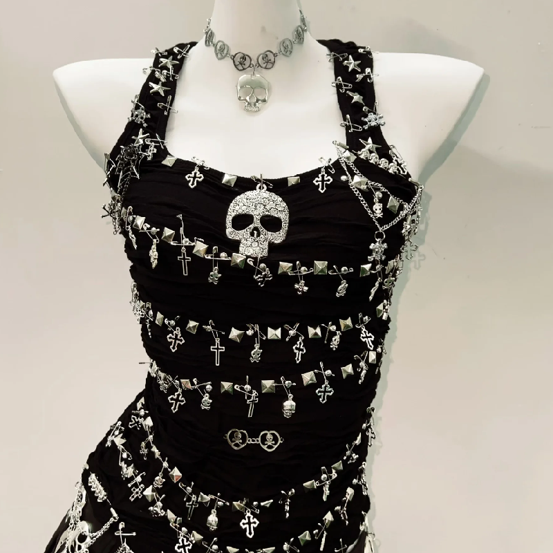 Skull applique PU leather tank mini skirt set
