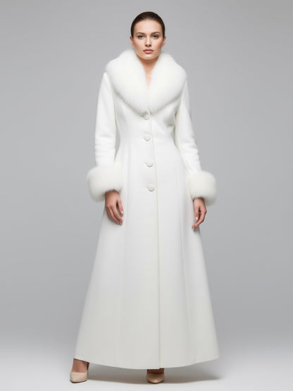 Maxi White Woolen Coat with Faux Fur Collar And Cuffs For Women 2026