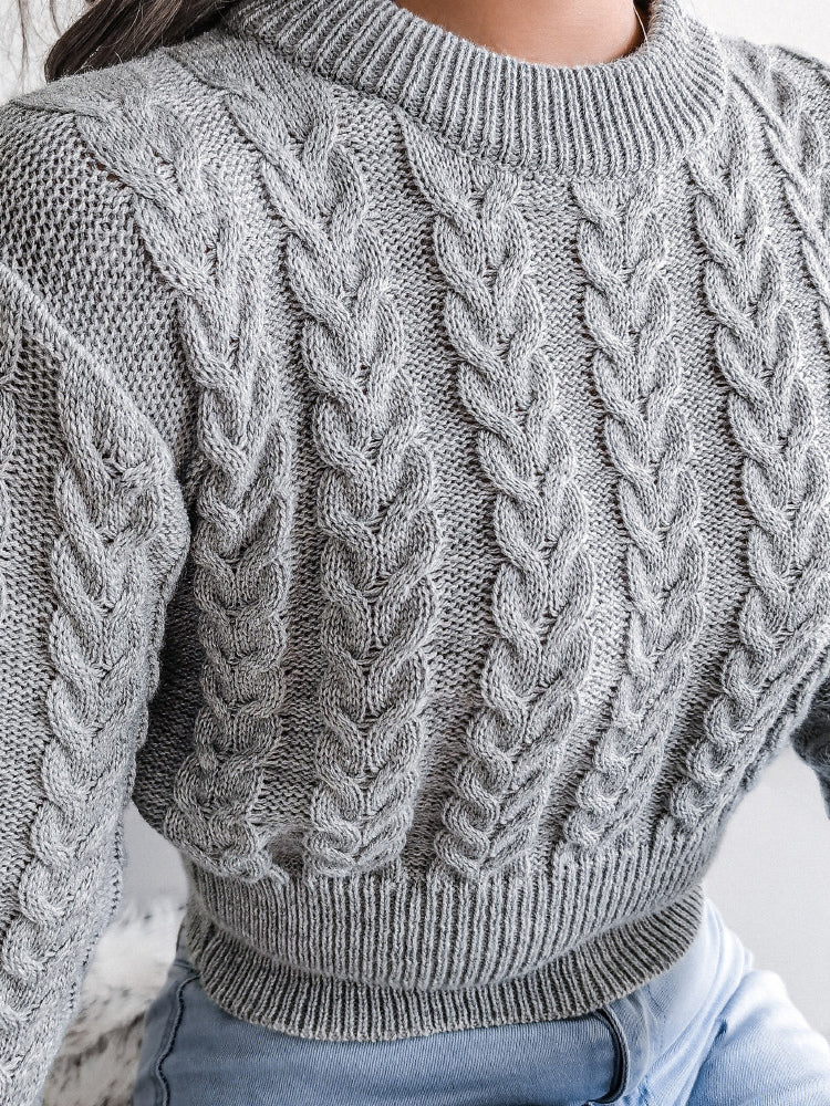 Women Pullover Sweater Baby Blue Jewel Neck Long Sleeves Cotton Sweaters