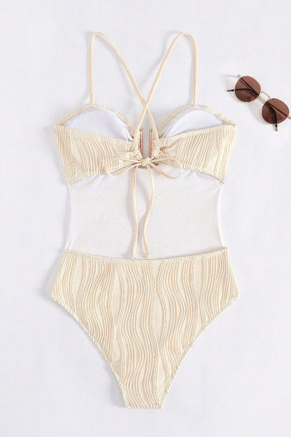 Unique Textured Thin Strap Backless Elastic One-piece Swimsuit