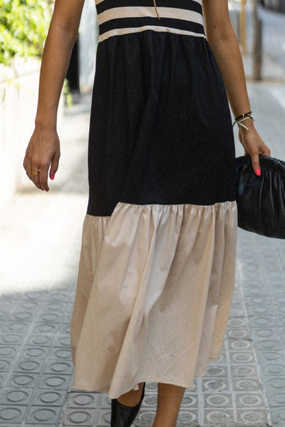 Black and white striped contrast stitching long suspender dress
