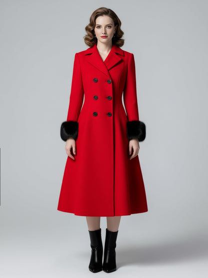 Wool Blend Double-breasted Midi Flared Coat with black Faux Fur Cuffs For Women 2026