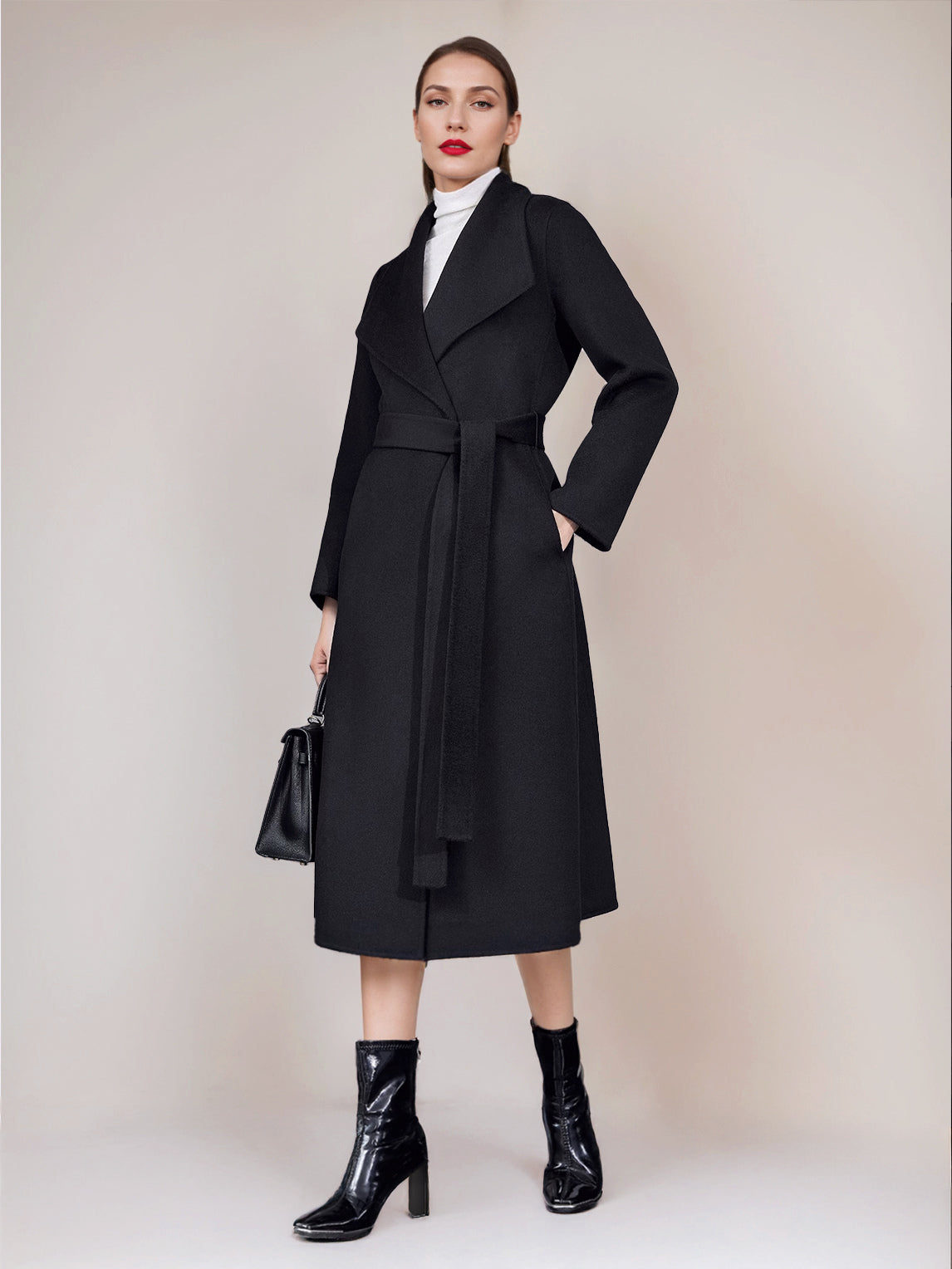Wool Cashmere Blend Coat Belted Camel Wide Lapel Winter Double-Faced Outerwear For Women 2026