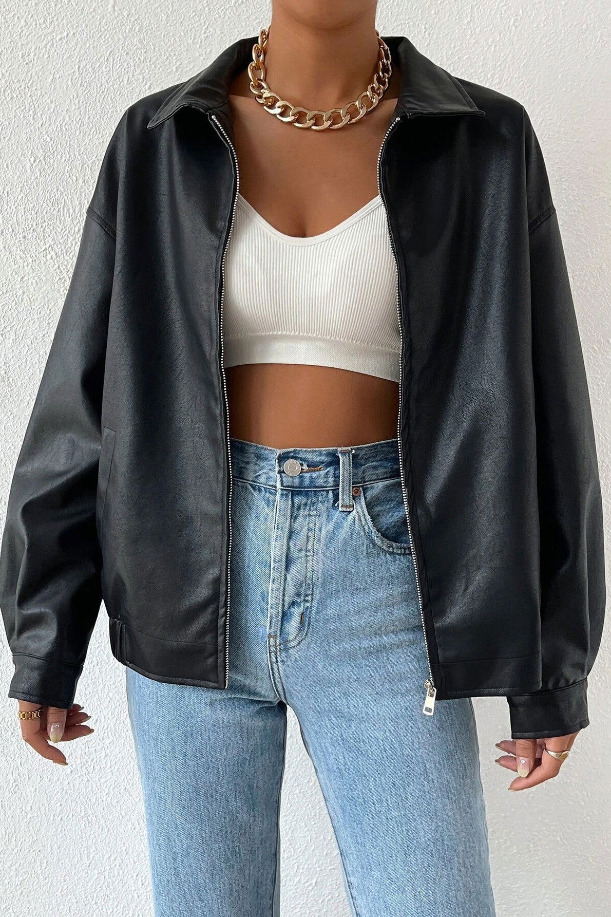 Solid Color Leather Look Jacket