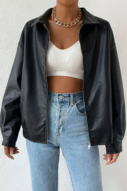 Solid Color Leather Look Jacket