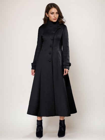 Wool Blend Long Coat A-line Flared Stand Collar Elegant Gray Vintage Winter Outerwear For Women 2026