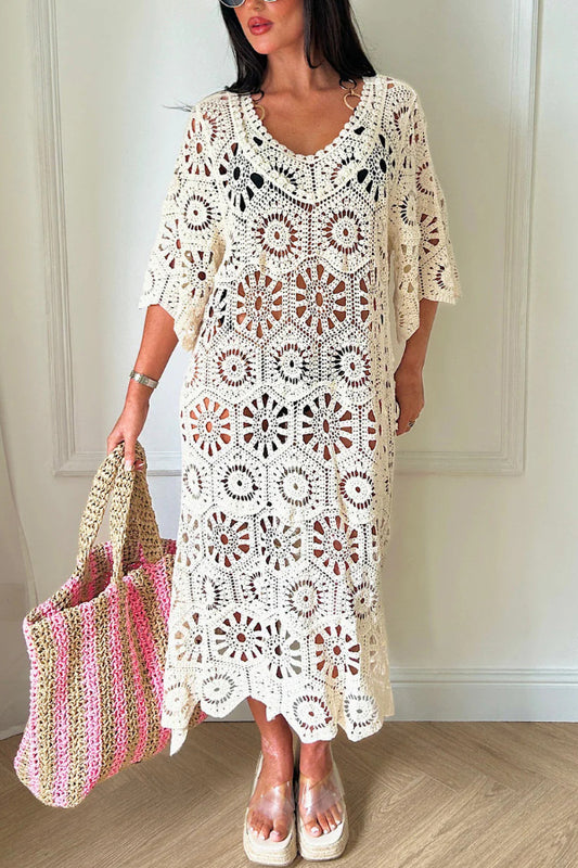 Fashionable Openwork Crochet Loose Round Neck Casual Midi Dress