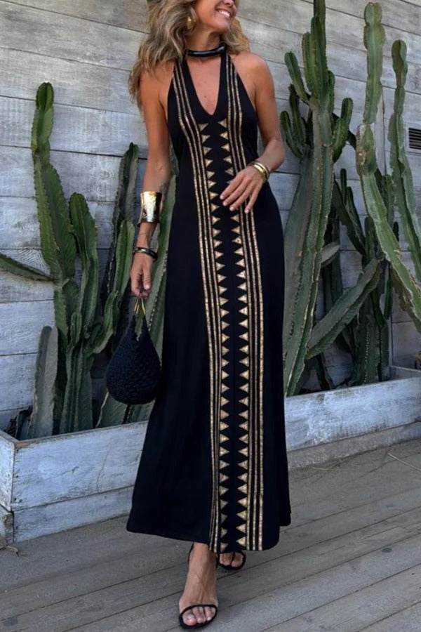 Meret Gold Geometric Print Halter Backless Stretch Maxi Dress