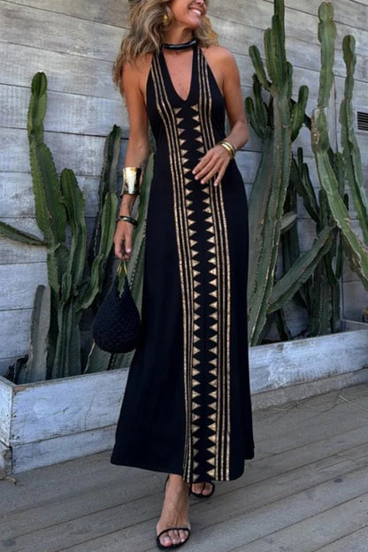 Meret Gold Geometric Print Halter Backless Stretch Maxi Dress