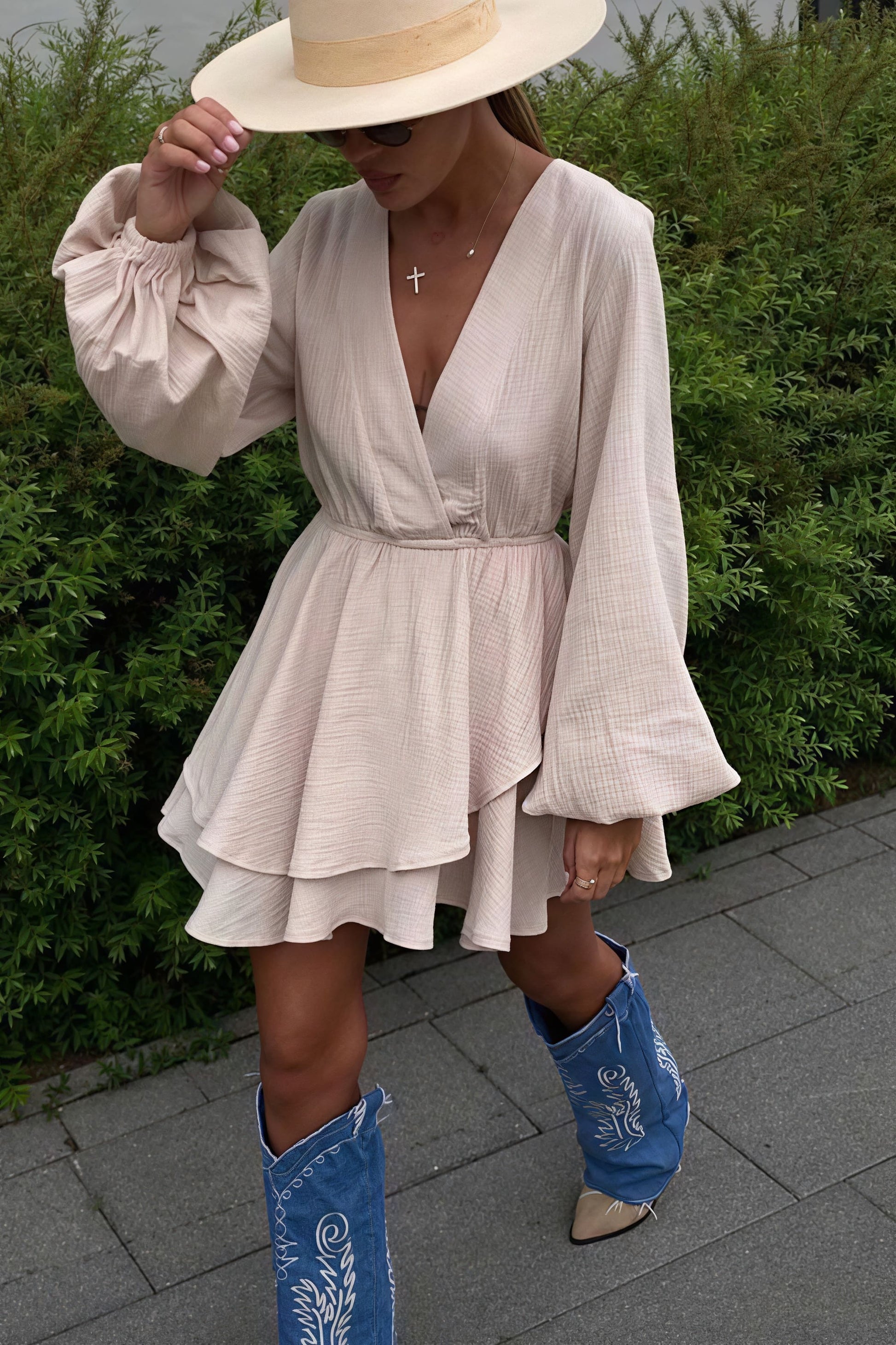 Wrap V-Neck Balloon Sleeve Tiered Ruffle Crinkle Mini Dress