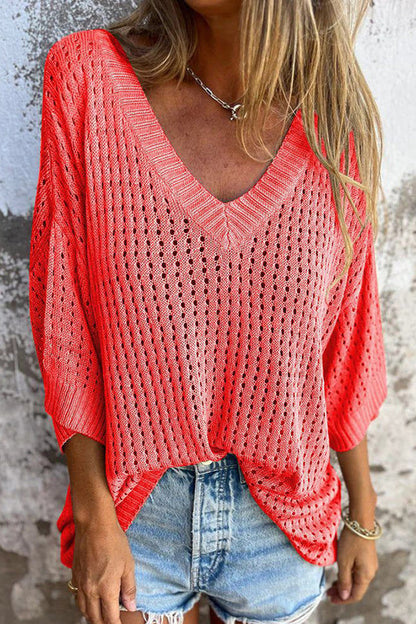 Fashionable Hollow V-neck Long-sleeved Casual Loose Knitted Top
