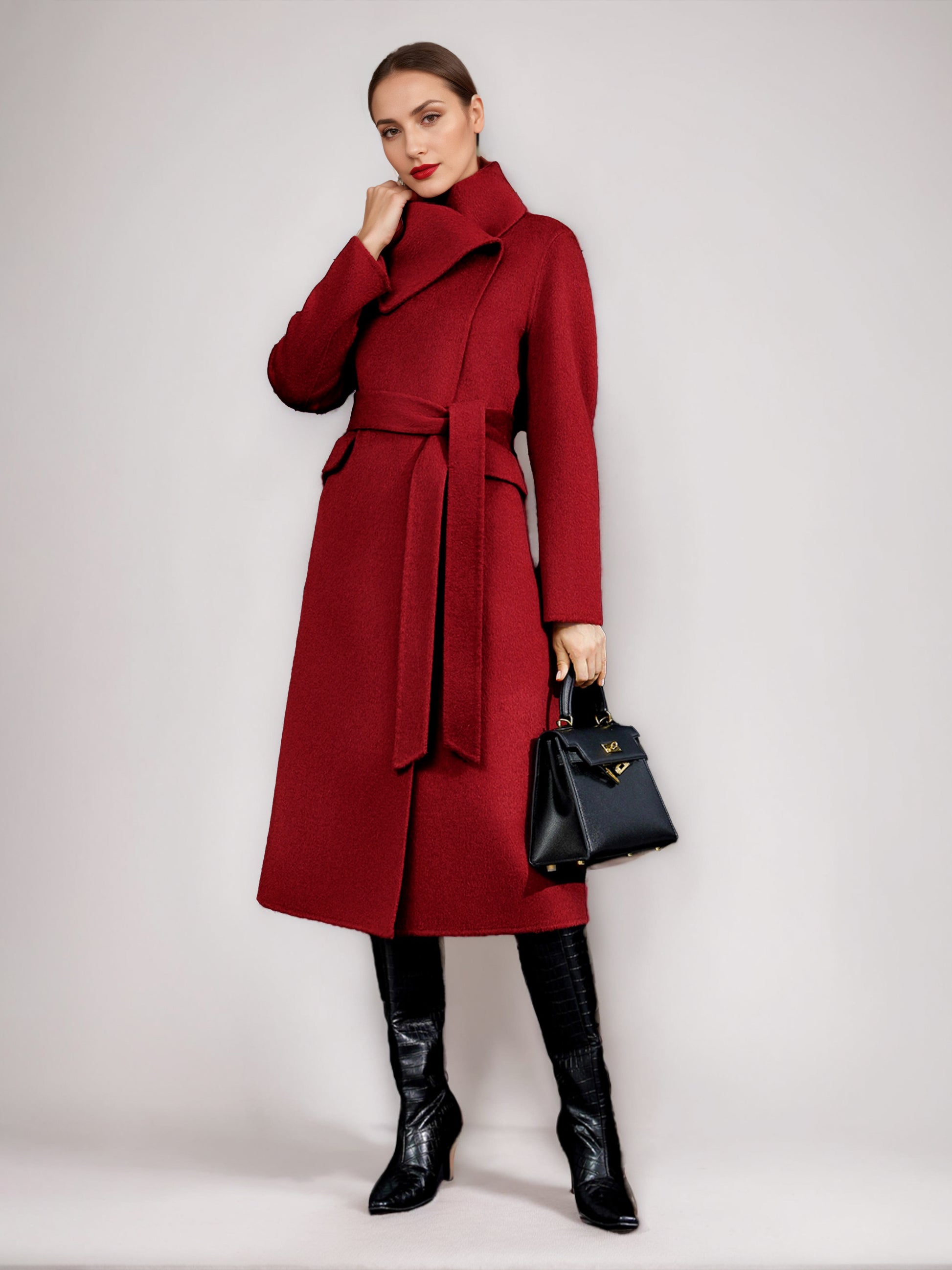 Wool Cashmere Blend Coat For Woman Winter Red Belted Double-Faced Wrap Outerwear 2026