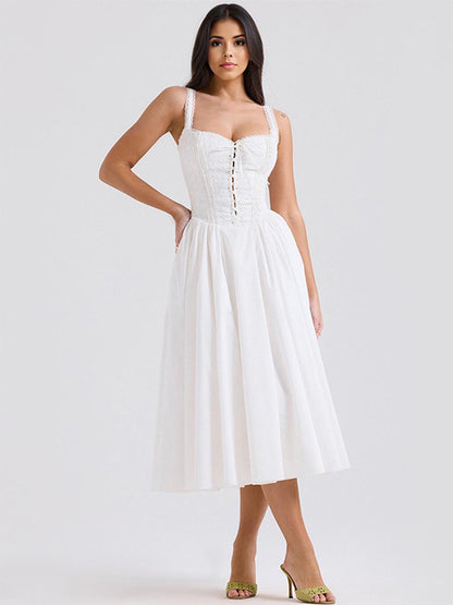 White Corset Dress Cutout Wide Strap Lace Trim Backless Cottagecore Midi Dresses