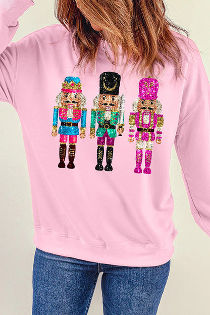 Christmas Soldier Sequin Loose Crew Neck Long Sleeve Sweatshirt