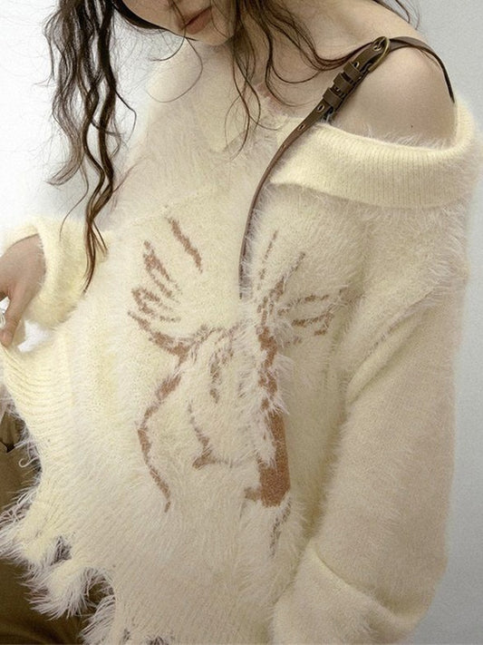 Plush Slanted Shoulder Belted Strap Tattered Hem Sweater