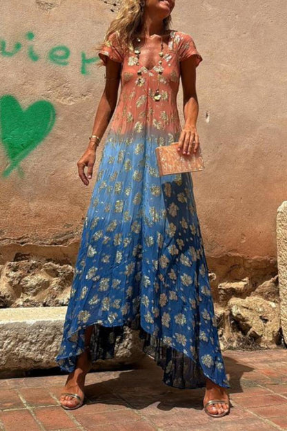 Evaluna Tie Dye Gradient Golden Flower Print Short Sleeve A-line Maxi Dress