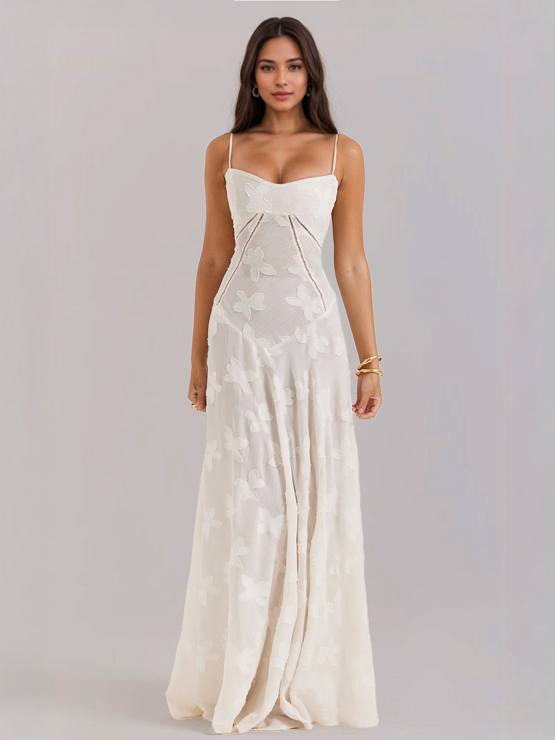 Boho Jacquard Sheer Maxi Dress for Women - Cream White Lace-up Back Slim Fit A-Line Flowy Cami Gown - Summer Beach Party 2026