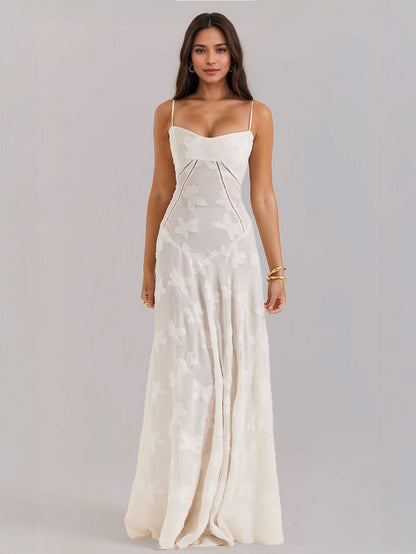 Boho Jacquard Sheer Maxi Dress for Women - Cream White Lace-up Back Slim Fit A-Line Flowy Cami Gown - Summer Beach Party 2026