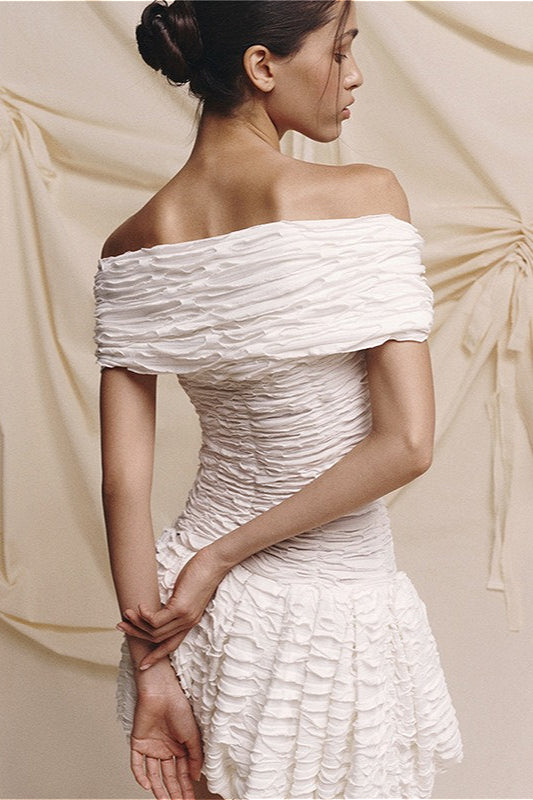 Off-Shoulder Twisted Knot Ruched Shirred Bubble Hem Mini Dress