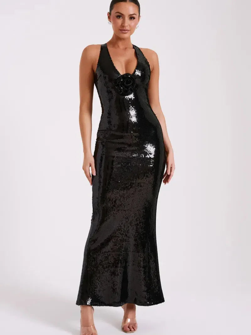 Applique Rose Sequin  Backless Maxi Dress