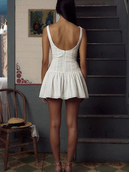 White Cotton Chikan Short Flare Dress