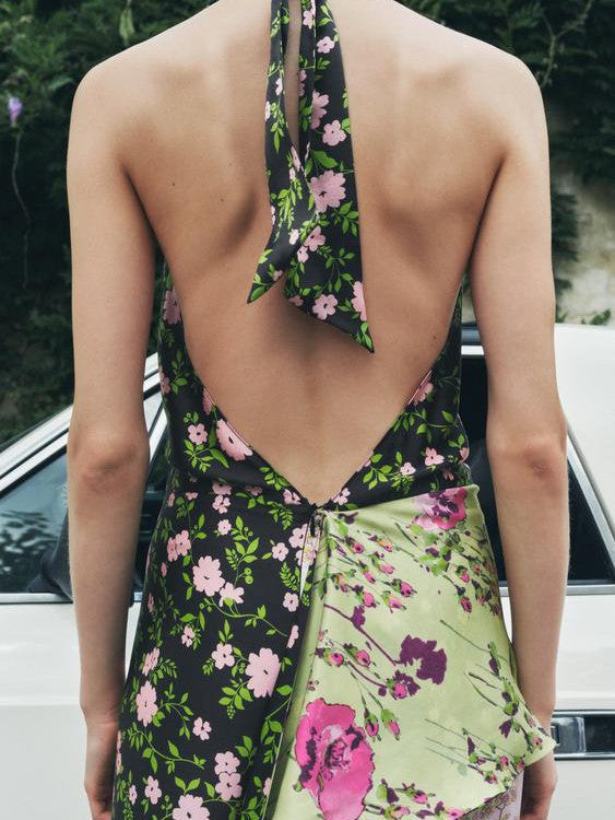 Floral Print Halterneck Backless Maxi Dress