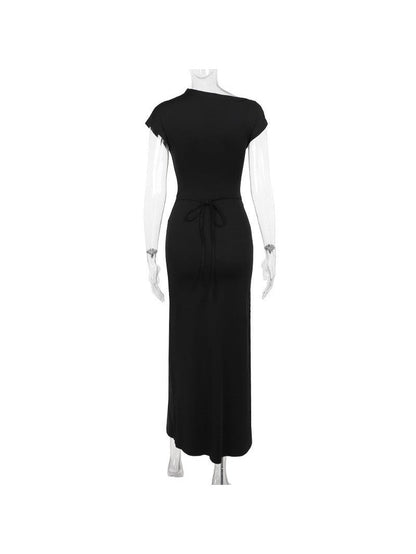 Short Sleevees Ruched High Slit Maxi Dress