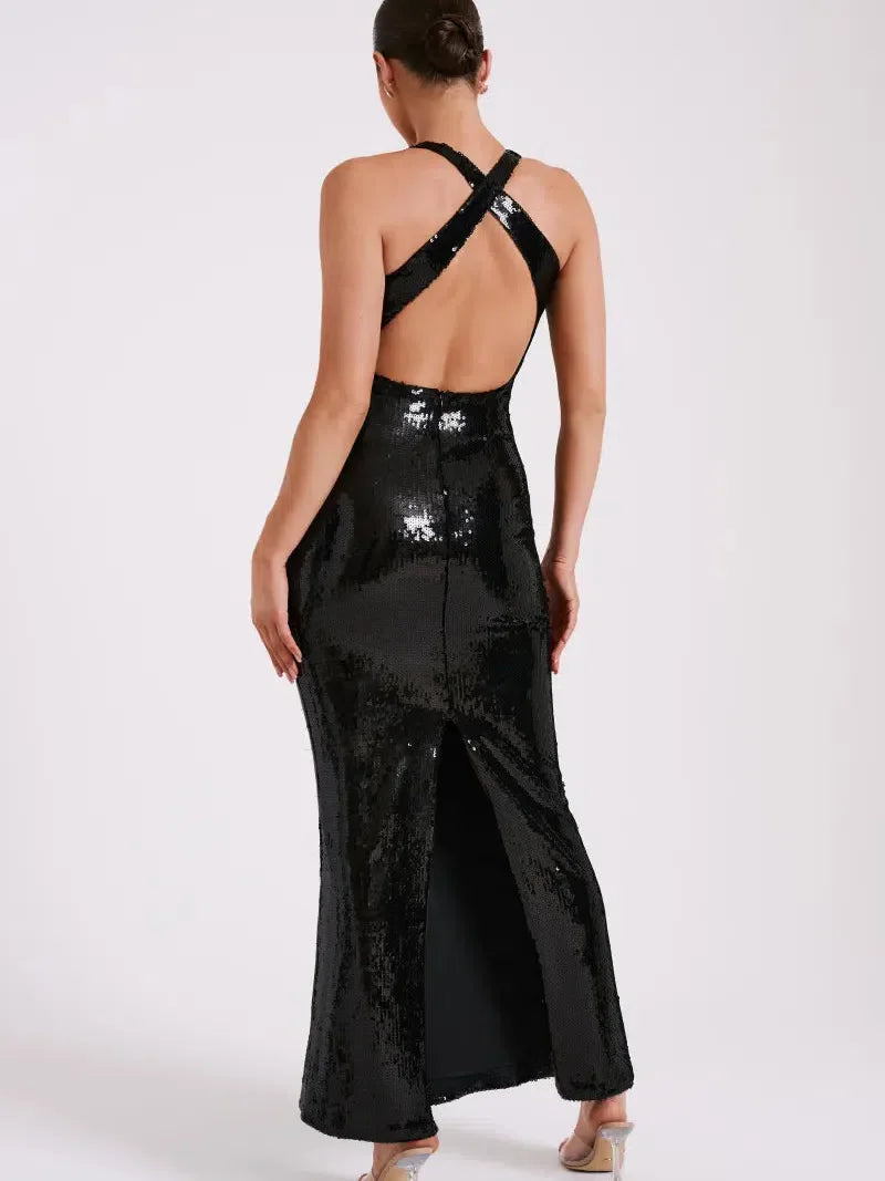 Applique Rose Sequin  Backless Maxi Dress