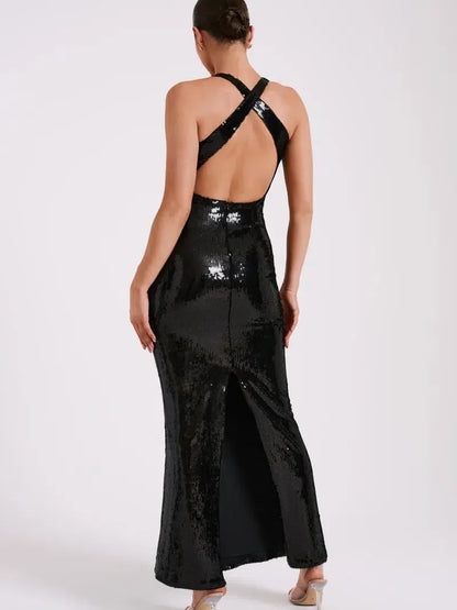 Applique Rose Sequin  Backless Maxi Dress