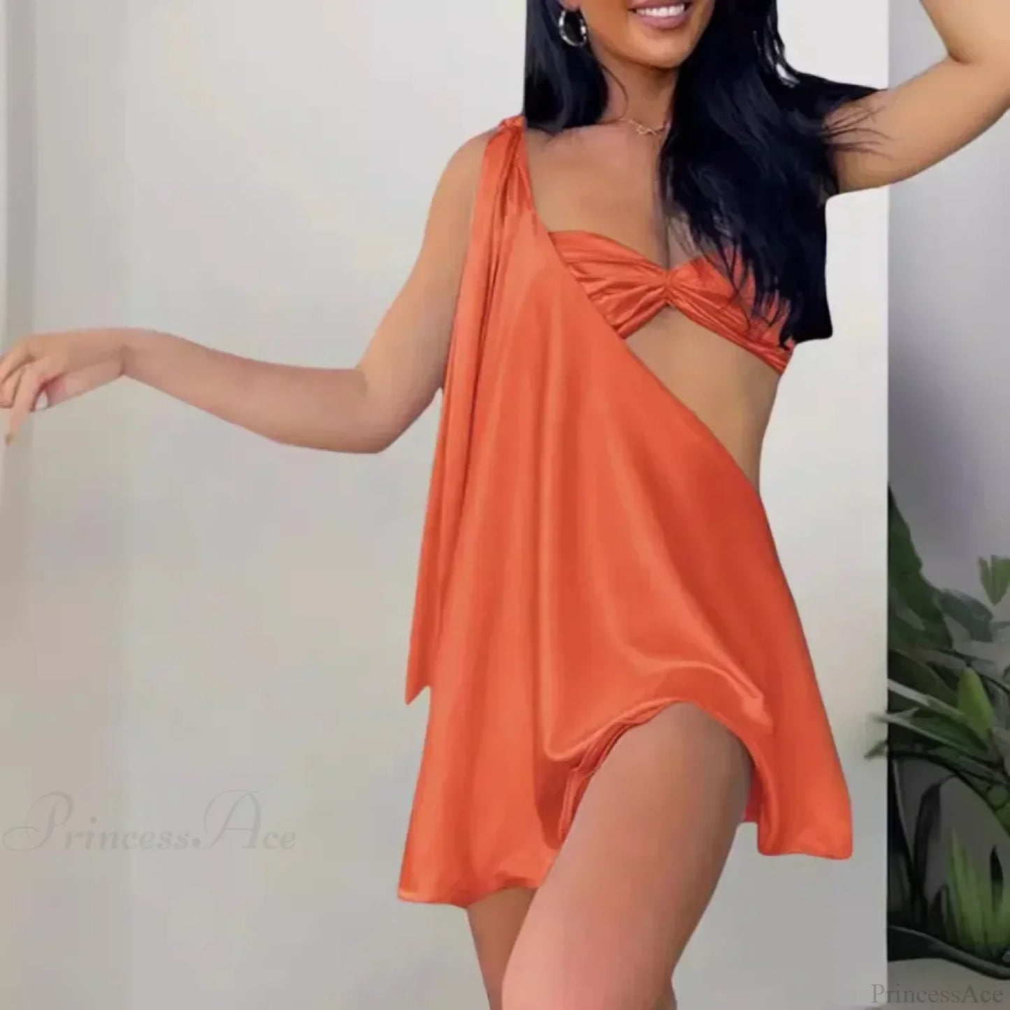 One-Shoulder Twisted Cutout Waist Flared Ruffle Hem Satin Mini Dress