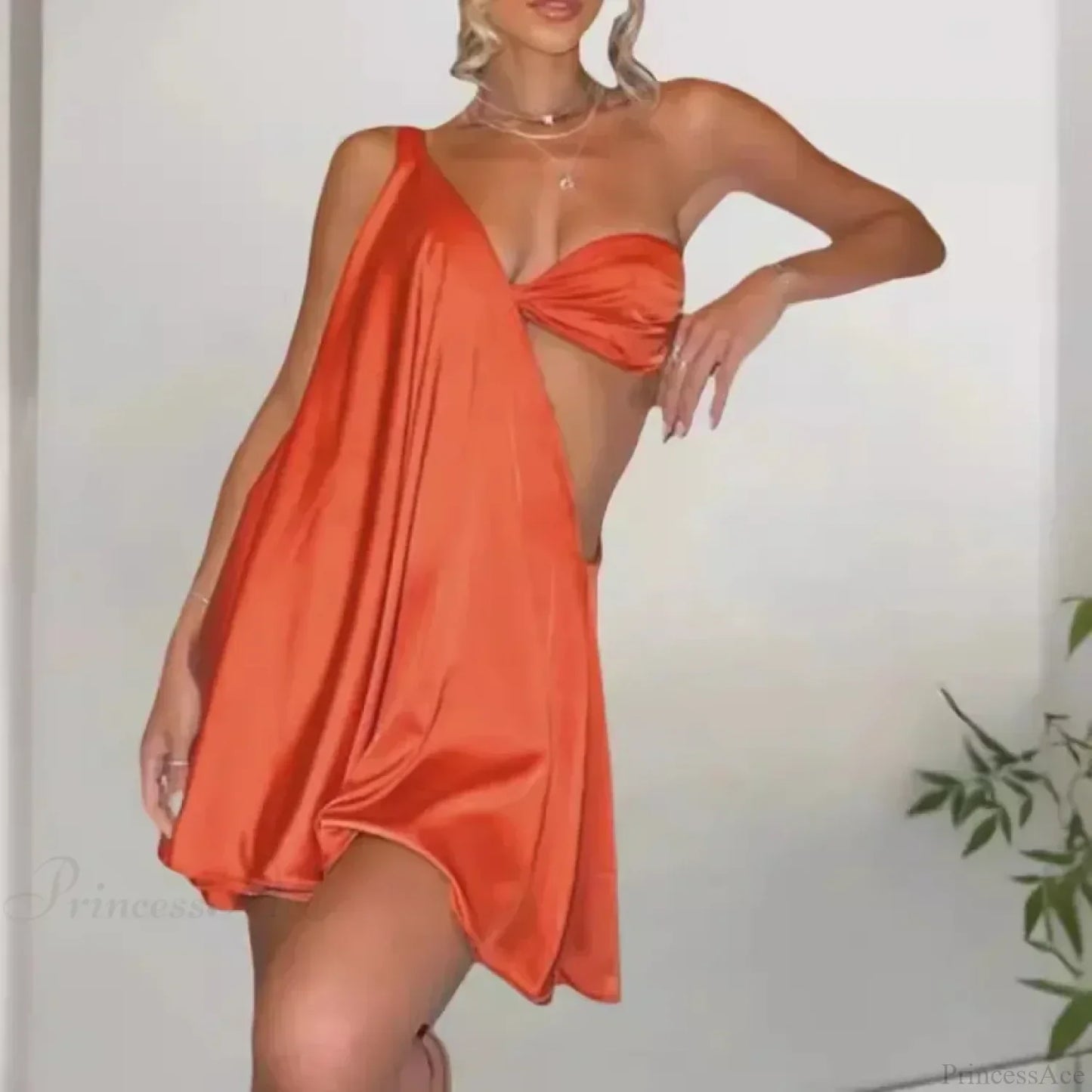 One-Shoulder Twisted Cutout Waist Flared Ruffle Hem Satin Mini Dress
