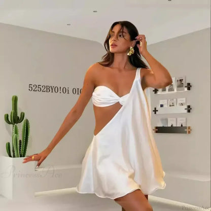One-Shoulder Twisted Cutout Waist Flared Ruffle Hem Satin Mini Dress