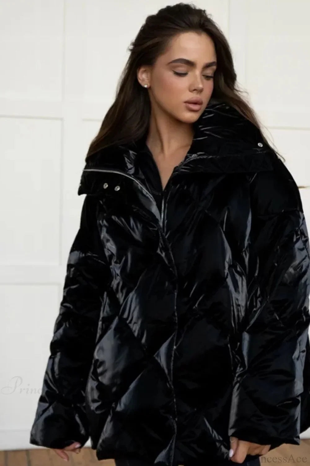 Diamond Quilted Matte Shiny Oversized Wide Lapel Coat