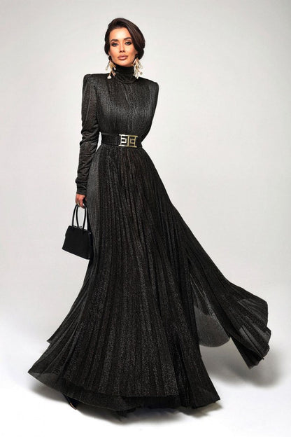 Elsie Metallic Pleated Belted Maxi Dress
