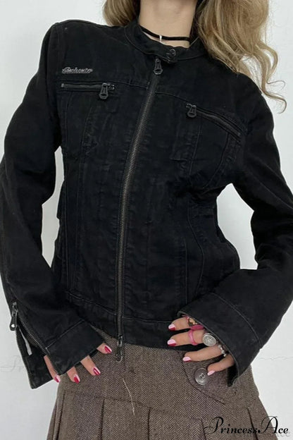 Distressed Black Denim Retro Casual Long-Sleeve Jacket
