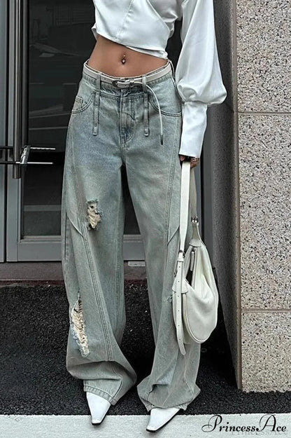 Distressed Ripped Relaxed Curved Leg Jeans