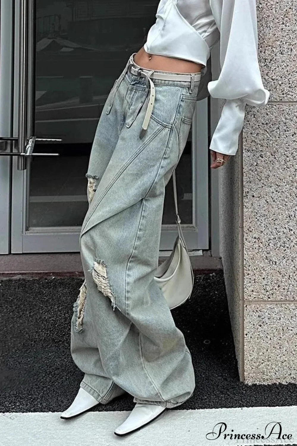 Distressed Ripped Relaxed Curved Leg Jeans