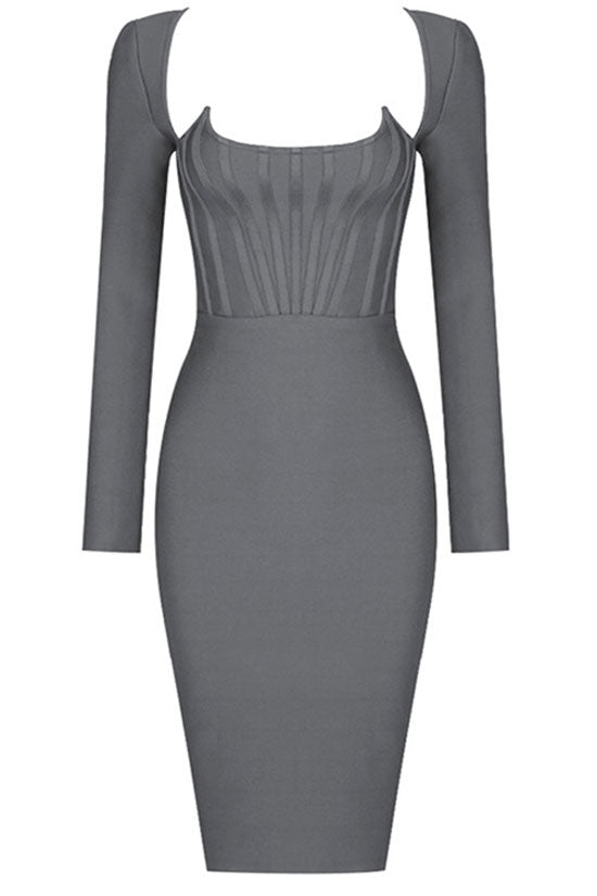 Scoop Neck Cold Shoulder Long Sleeve Bandage Bodycon Pencil Midi Dress