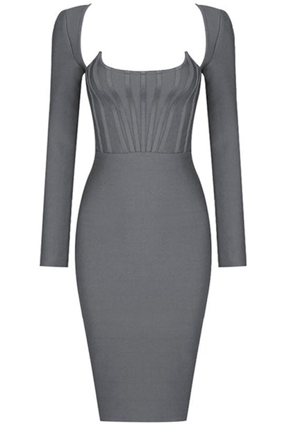 Scoop Neck Cold Shoulder Long Sleeve Bandage Bodycon Pencil Midi Dress