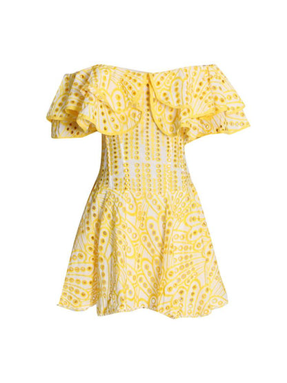 Dolly Embroidered Lace Ruffle Bodice Flare Mini Dress