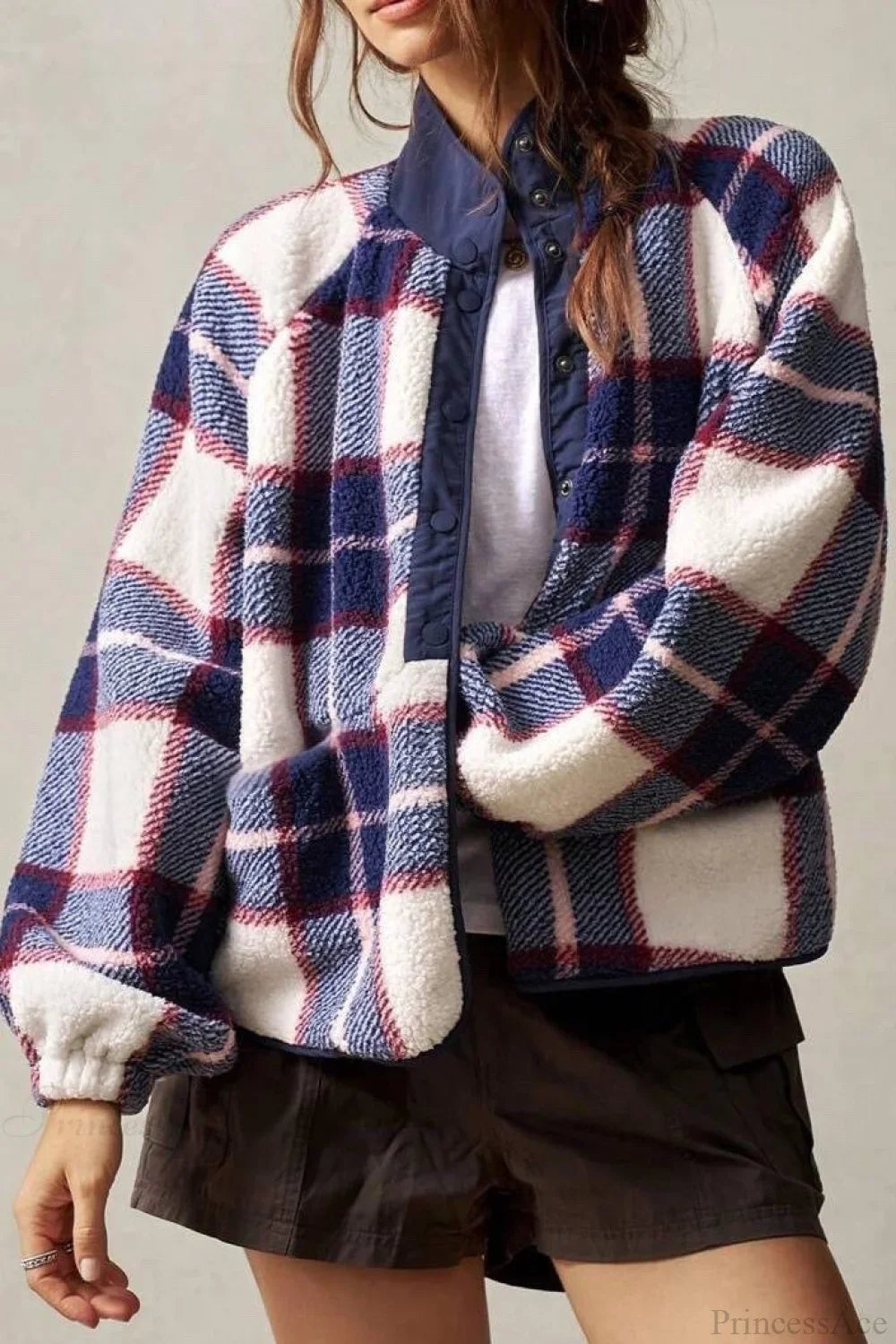 Double-Fleece Plaid Wool Long Sleeve Jacket