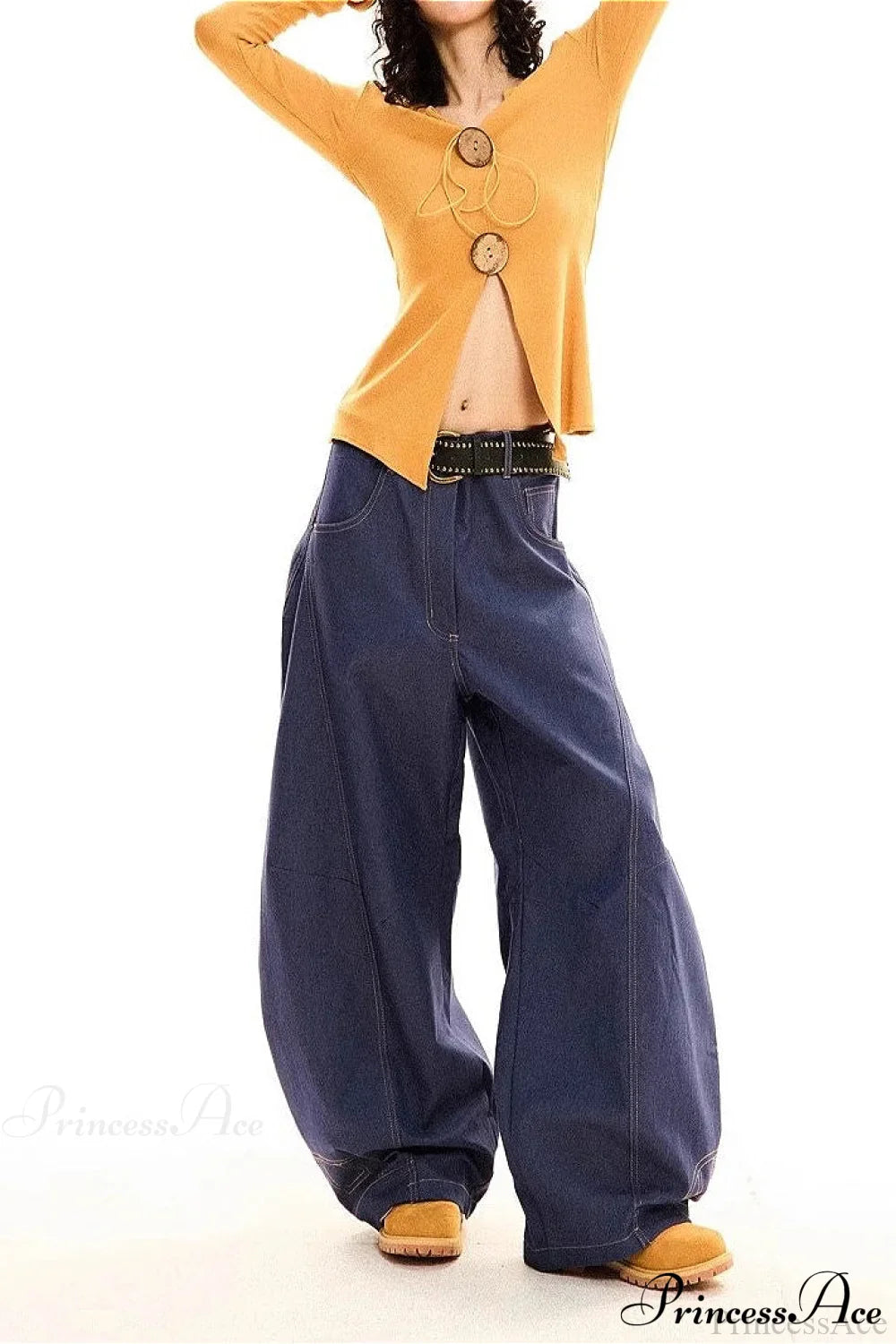 Drapey Curved Wide-Leg Floor-Length Jeans