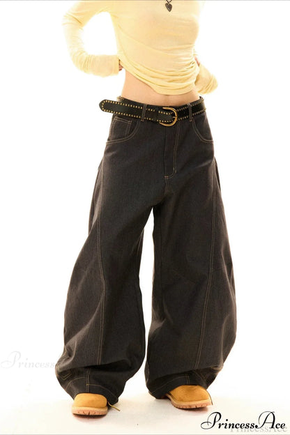 Drapey Curved Wide-Leg Floor-Length Jeans