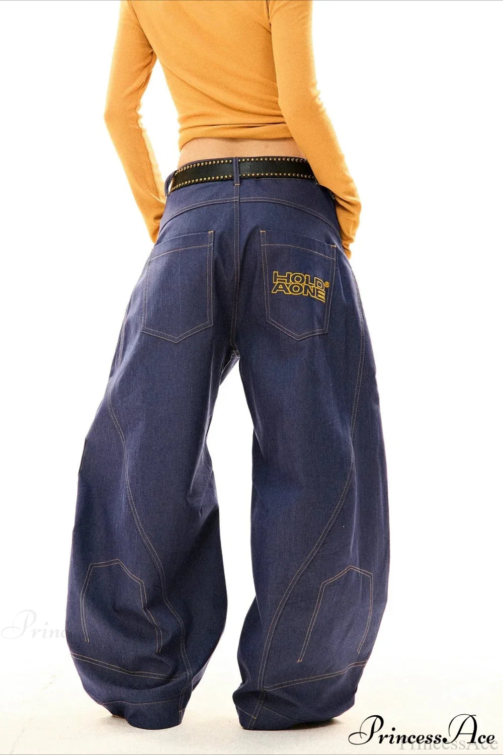 Drapey Curved Wide-Leg Floor-Length Jeans