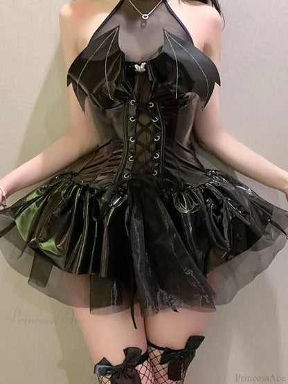 Bat-Wing Lace-Up Vinyl Corset Ruffle Skirt Set