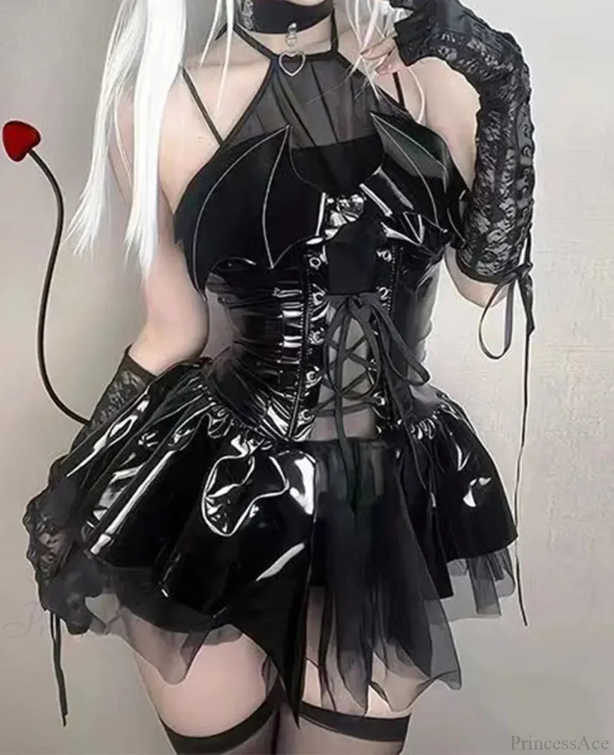 Bat-Wing Lace-Up Vinyl Corset Ruffle Skirt Set